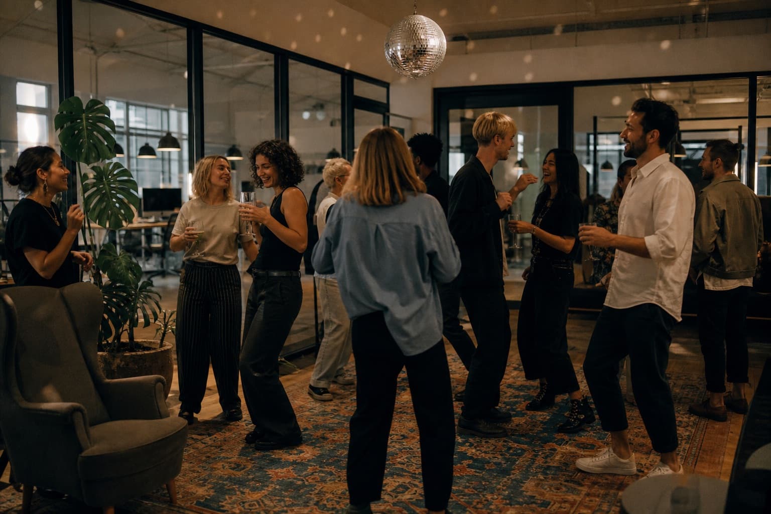 Stemning fra fest i loungen med diskokugle og glasvægge