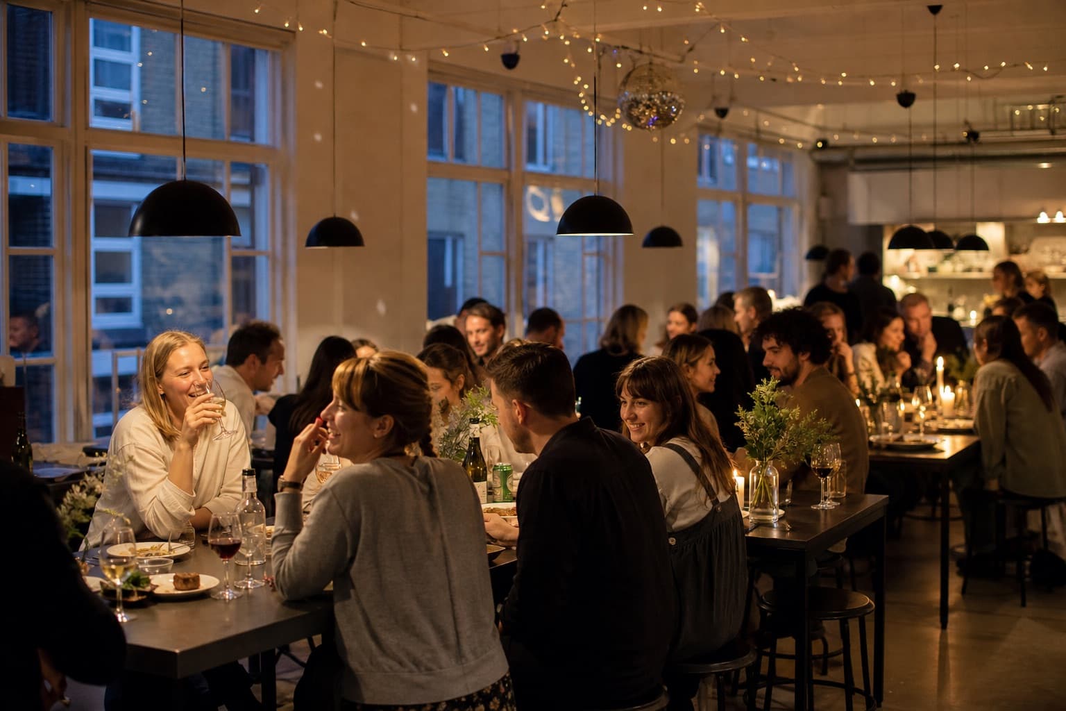 Stemning fra fælles middag ved de lange borde